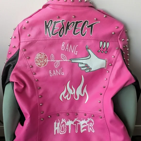 Pink and Black Vegan Leather Studded Moto Jacket - Picture 4 of 4